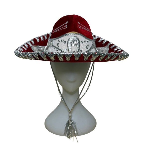 Pigalle Red & Silver Adult Mexican Sombrero Hat Velour Embroidered Traditional F - Picture 1 of 9